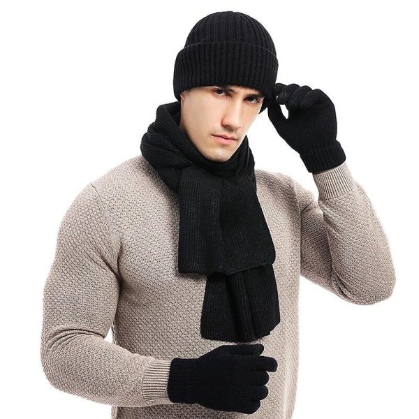 High-end vinter och höst varm kostym Stickad ull blandad färg Tjock halsduk Handskar Tredelad kostym Black ONE SIZE