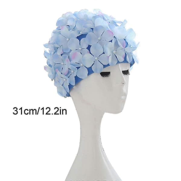 Badehette med kronblader, retro 3D-blomstermotiv, badehette med blomster, bra blue