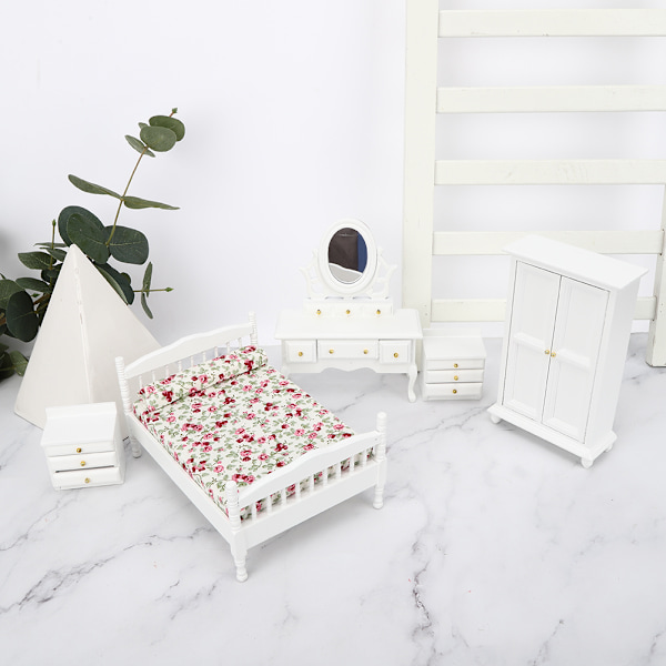 5 stk 1/12 Dukkeskabs Miniatyr Møbler Træ Mini Soveværelses Sæt Tilbehør Soveværelsesmøbelsæt