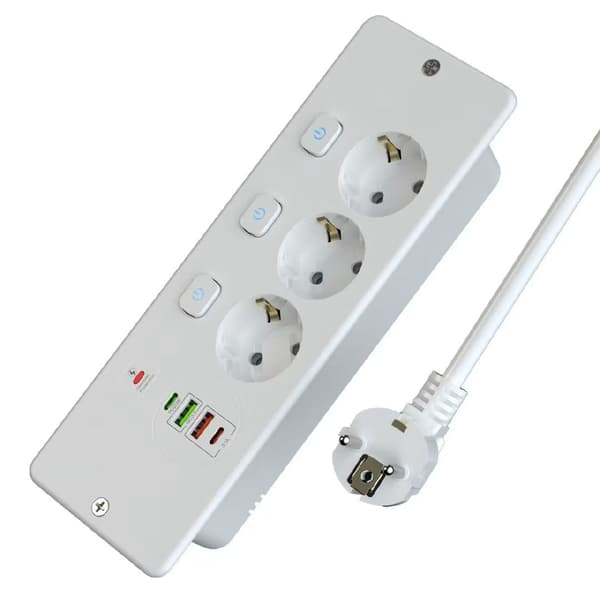 Infällbart eluttag - 3-vägs med 2 USB, bordsuttag med 2 USB C, 3 strömbrytare, 2 M kabel vit Fast Charger Fast Charger white