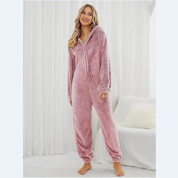 Vintervarm fleece-jumpsuit i pysjamas for kvinner - Rosa XXXL