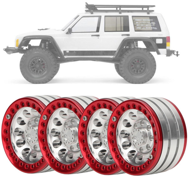 4st 1,9-tums beadlock hjulfälgar i aluminium för SCX10 1/10 RC larvbil (silverröd)