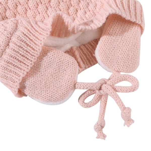 Nyfødt vinter øreklokker Vottersett Barnevarm ull strikket lue Tykkede hansker Gutter Jenter Barn pink