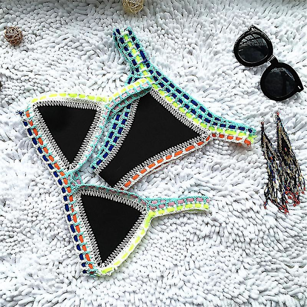 Boho Style Stickad Virkad Neopren Bikini Set - Svart, Storlek L