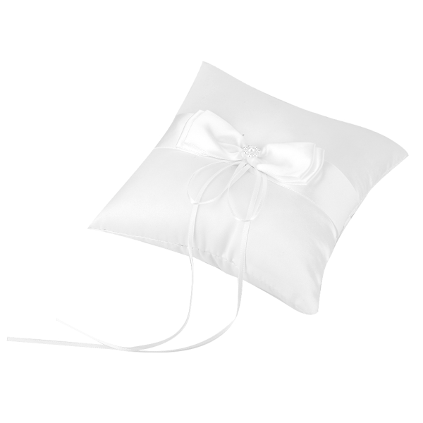 Hvid Satin Sløjfe Ringpude Bryllupsring Pude med Simuleret Perle 15*15cm