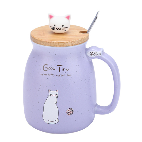 1 stk Søt Katt Keramikkopp med skje og lokk Kaffe Vann Melkekopp for Drikkgave (lilla)