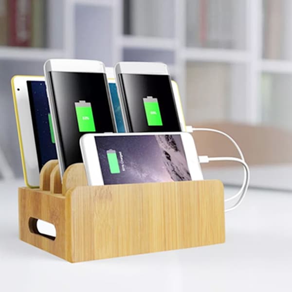 Home Office Desk Bamboo Mobile Phone Storage Stand Charging Rack Storage Organizer
