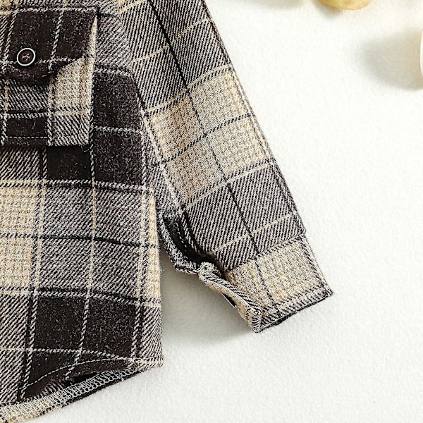 Flannel Plaid Knappetrøje med Knapper til Små Drenge og Piger, Varmt Vinterjakke, Størrelse 7-8, D-Kaffebrun