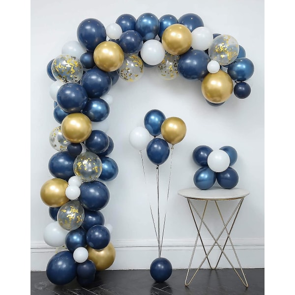 Marinblå ballonger 121 st Garland-kit & konfettiballonger, metalliskt guld, vit latexballong, bindverktyg, dekorationsremsa, spetsklistermärken, blomklämmor