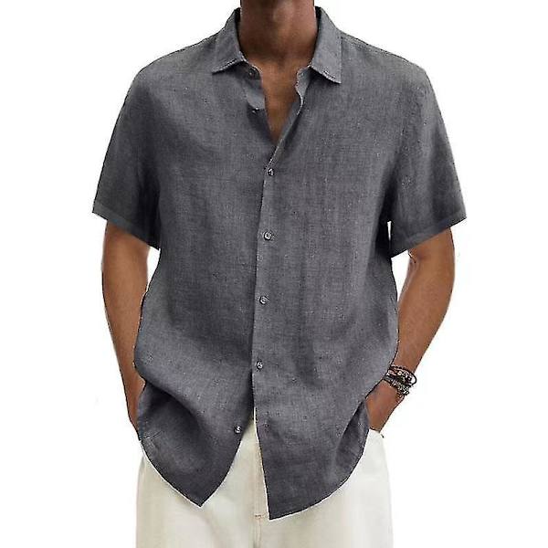 Sommar Herr Bomull Linne Lös Passform Blus med Knapp Ned Krage, Korta Ärmar och Oversize Design - Mörkgrå (S-5XL)