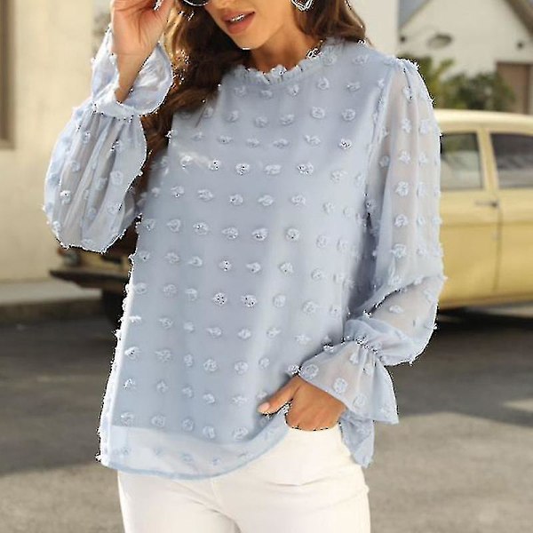 Chiffonbluse med Rufflet Hals, Lang Ermet Pullover Topp - Himmelblå XL