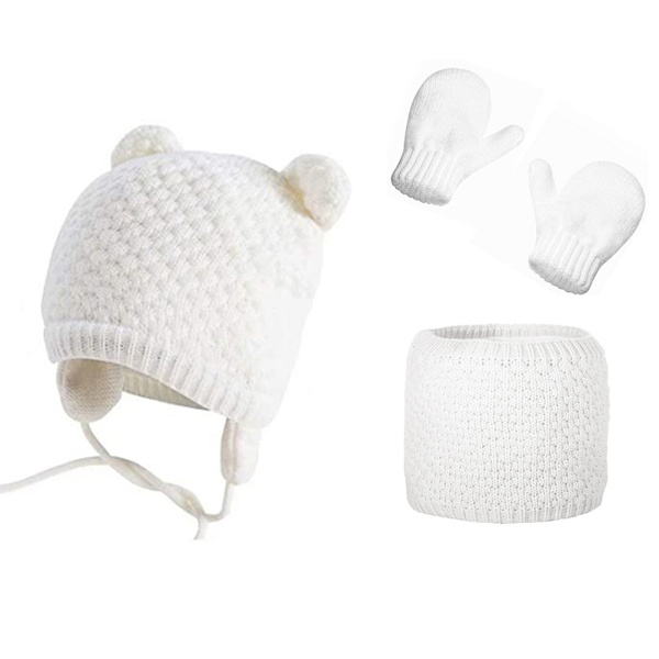 3st Baby Vinter Mössa Scarf Handskar Set Stickad Mössa Tjock Mjuk Varm Mössa för 0-2 år Barn Pojkar Flickor