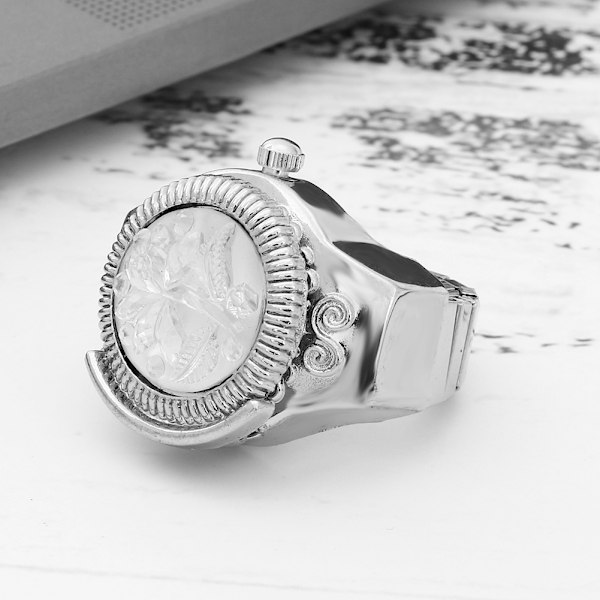 Finger Ring Ur Flip Up Cover Rund Rose Blomst Kvinder Finger Kvarts Ur (Hvid)