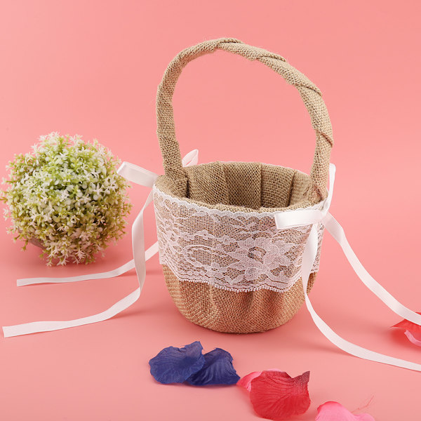 Lin og bomullsblomstjentekurv med blonder, hvit blomsterkurv for bryllup