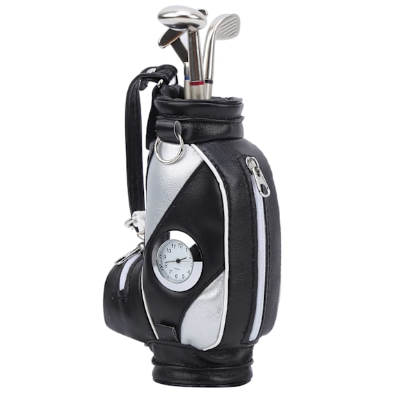 Mini Desktop Golfväska Penna Klocka Zinklegering PU Läder med Golfpennor Souvenir Set GiftSvart Silver
