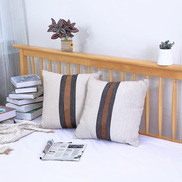 Sæt med 2 udendørs læderpudebetræk, beige patchwork, linned, brunt kunstlæder, pudebetræk til sofa, beige 30x30 cm