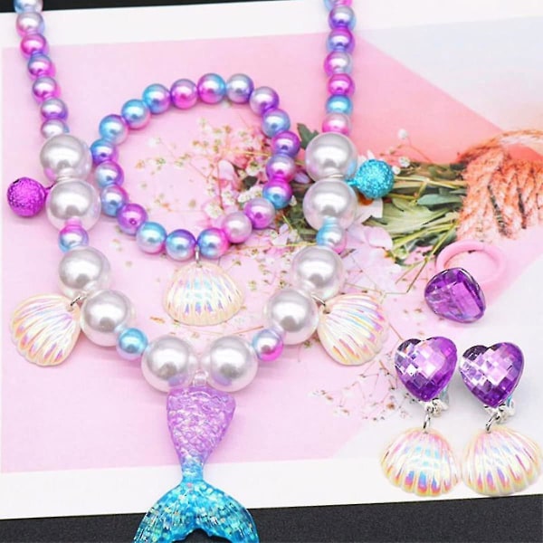 5 stk Havfrue Halskjede Armbåndsett Jenter Barn Havfrue smykker Utkledningssett Purple