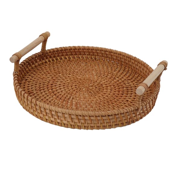 Rattan Fruit Tray with Solid Wood Handle Exquisite Hand-Woven Round Serving Tray for Storage Display Bread Fruit M