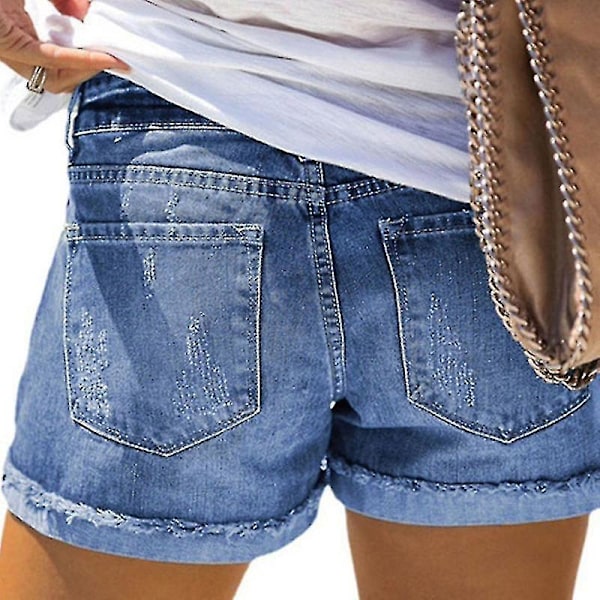 Blå Blommiga Denim Mini Shorts för Kvinnor - Strandmode Stretch Jeans (2XL)