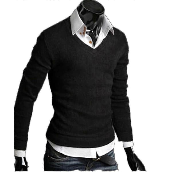 Herr Enfärgad V-ringad Stickad Jumpertröja Black M