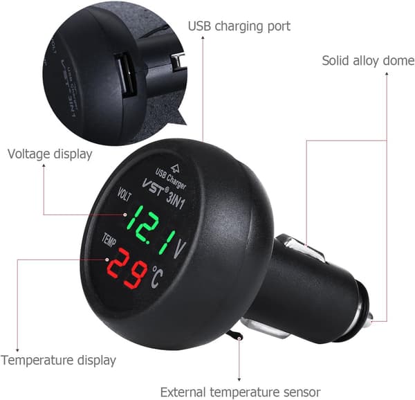 12-24V bilopladerstik med USB-port/voltmeter/termometer Kompatibel med biler (grøn + rød)