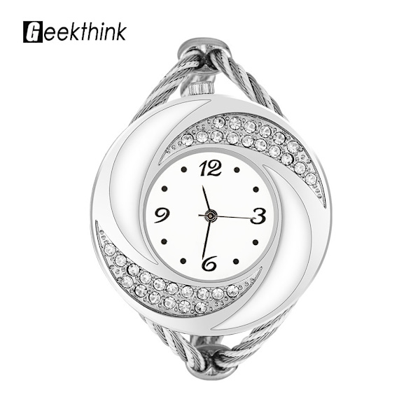 Geekthink Rhinestone Quartz Analogt Ur Åbent Armbånd Legeringsskab Sølvhvid