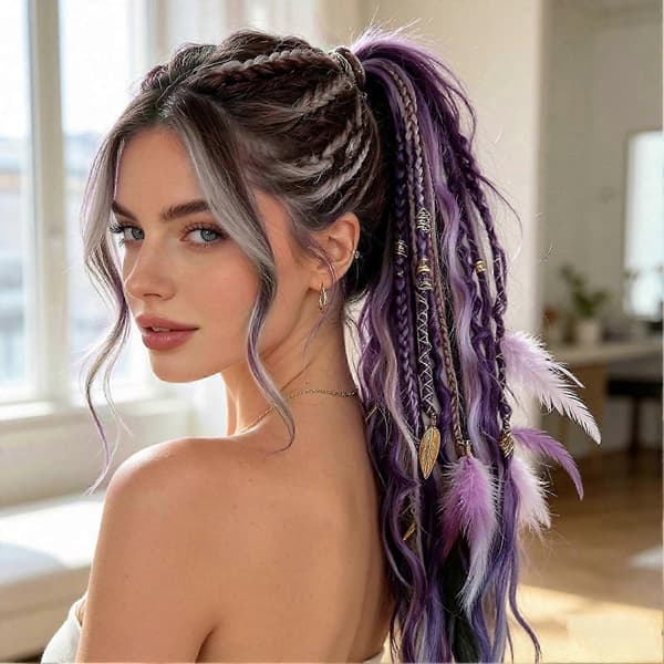 Boho Flettet Hestehale Forlengelse – Håndflettet & Dreadlock – For Kvinner & Menn Red Black