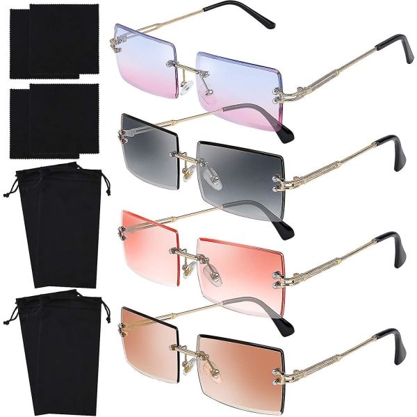 4-paks kantløse rektangulære solbriller Vintage kantløse briller Retro solbriller Metallramme briller for menn kvinner