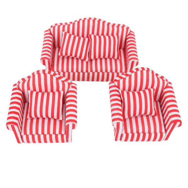 3 stk Dukkehussofa Sett Furutrekk Dobbelsofa 2 Enkelsofa Lys Farge Stripe Miniatyr Sofa for 1:12 Dukkehjem Rød