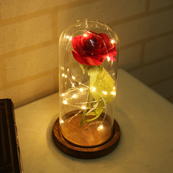 Kreativ udødelig blomst kunstig blomst glassdeksel ornament med kobbertråd lampe bursdagsgave rose blomst dekorasjon brun base