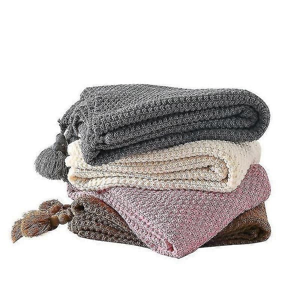 Strikket kvasttæppe Rejsetæppe til TV Sengepynt pink 150x200cm