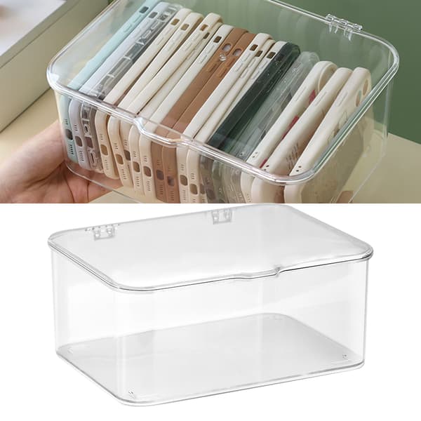 Desktop Storage Box Plastic Large Capacity Dustproof Multifunctional Phone Case Storage Holder with Lid Transparent