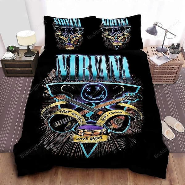 v5065 Lakan Nirvana Logotyp Med Trummor Gitarrer Påslakanset Mjuka Hemtextilier Lakan IU5065