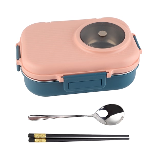 Termisk Madkasse 1100ml Dobbeltlags 3-Ruds Design 304 Rustfrit Stål Bento Box med Spisepinde Ske Spiseskål Rosa