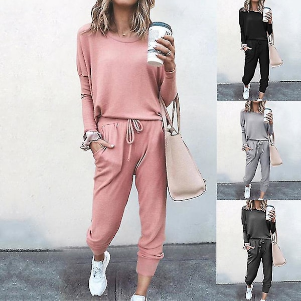 Röd, lös passform, tvådelad loungewear med fickor för kvinnor