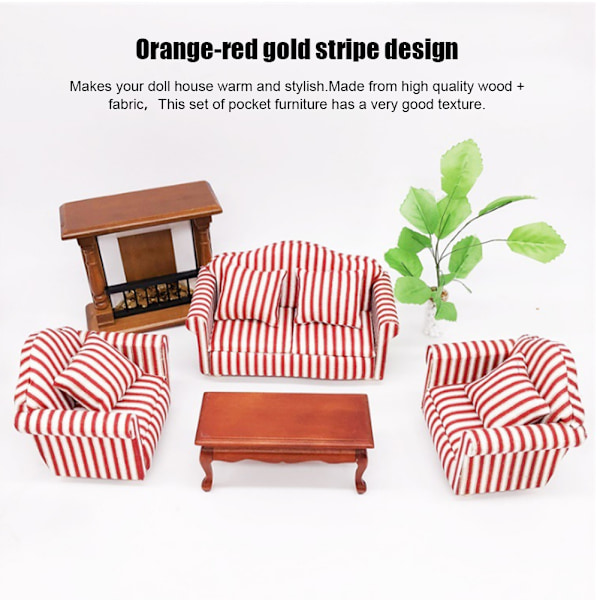 1:12 Mini Dukkehus Dekorasjon Oransje Rød Gull Stripete 3-delt Sofa med 4 Puter