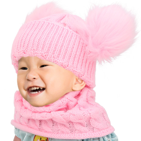 Barn Vinter Varm Hålla Stickad Mössa Scarf Småbarn Pojkeflicka Söt Halsvärmare Rosa