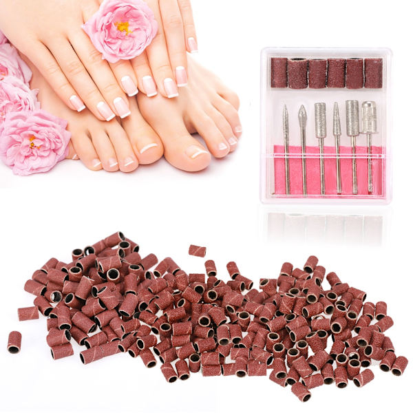 300 st Nagelsliphuvud Sandband för Nagelpolering Slipning + 1 Set Borrbitar Manikyr