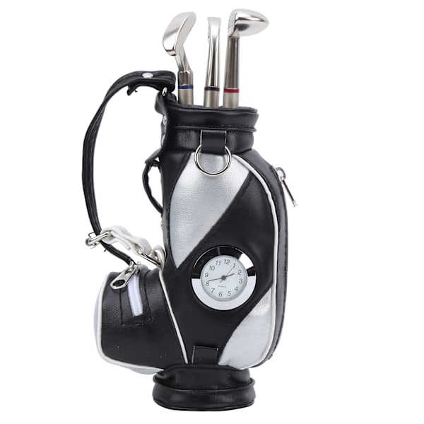 Mini Desktop Golfväska Penna Klocka Zinklegering PU Läder med Golfpennor Souvenir Set GiftSvart Silver