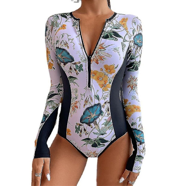Blomstermønstret Langærmet Zip-Up En-delt Surf Badedragt til Kvinder