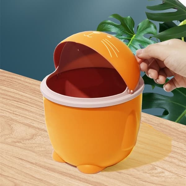 Desktop Trash Can with Lid Plastic Cute Multifunctional Mini Waste Bin for Home Office Countertop Orange