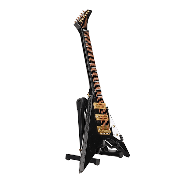 Miniatyr elektrisk gitarr i trä med stativ Svart Minimusikinstrument Dockhus modelldekoration 7,3 tum
