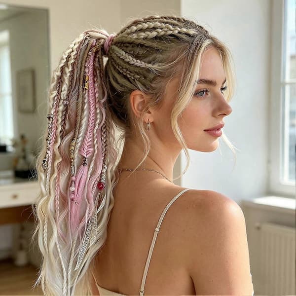 Boho Flettet Hestehale Forlengelse – Håndflettet & Dreadlock – For Kvinner & Menn Red Black