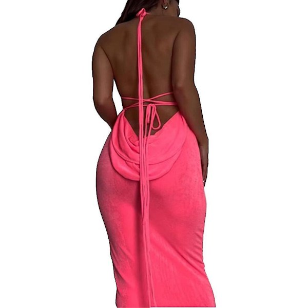 Rose Röd Rygglös Maxiklänning - Sexig Spaghetti Rem Slim Fit för Kvinnor - Lång Klubb Fest Strandklänning
