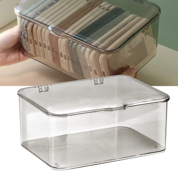 Desktop Storage Box Plastic Large Capacity Dustproof Multifunctional Phone Case Storage Holder with Lid Light Gray