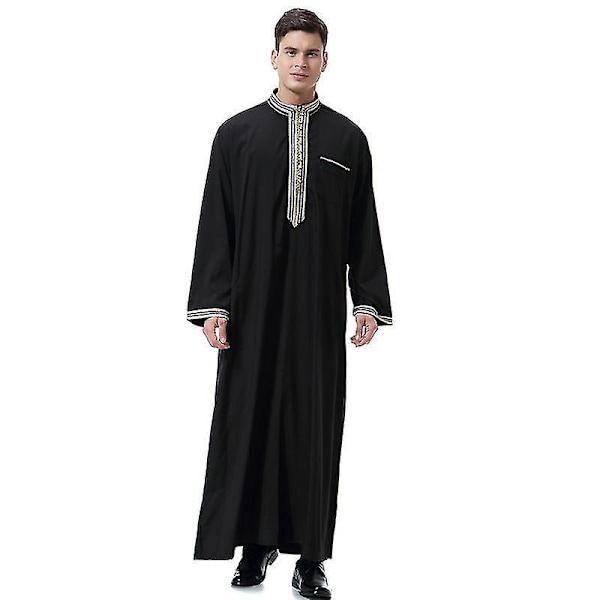 Islamisk Mænds Lange Robe Dubai Thobe Kaftan Sort L