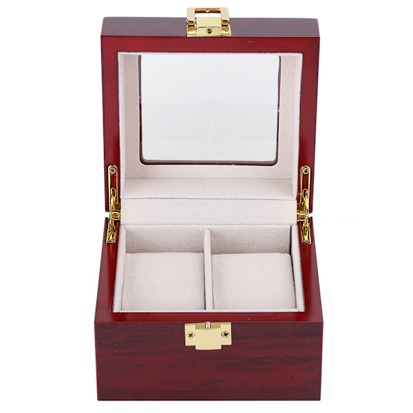Trä 2 Grid Watch Display Box Transparent fönster Watch förvaringsbox (röd)