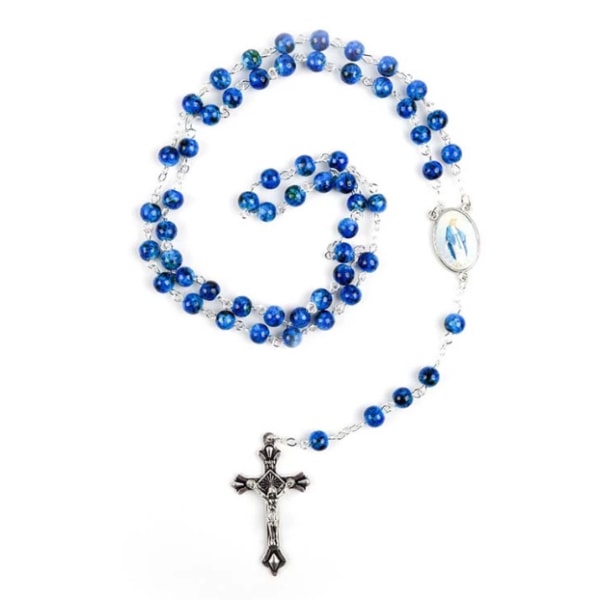 Dypblå krystallperler rosenkrans halskjede katolsk hellig bakke medalje korskrusifiks antikk design rosenkrans i fløyelspose