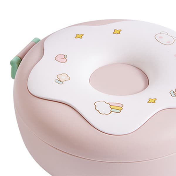 Bento Bowl Donut Shape Heatable with Lid Fork Spoon Plastic Lunch Container for Office School Pink