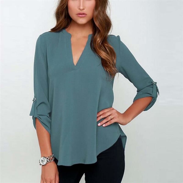 V-hals Chiffon Bluse i Blå Påfugl - Kvinders Solid Top (Størrelse 4XL)